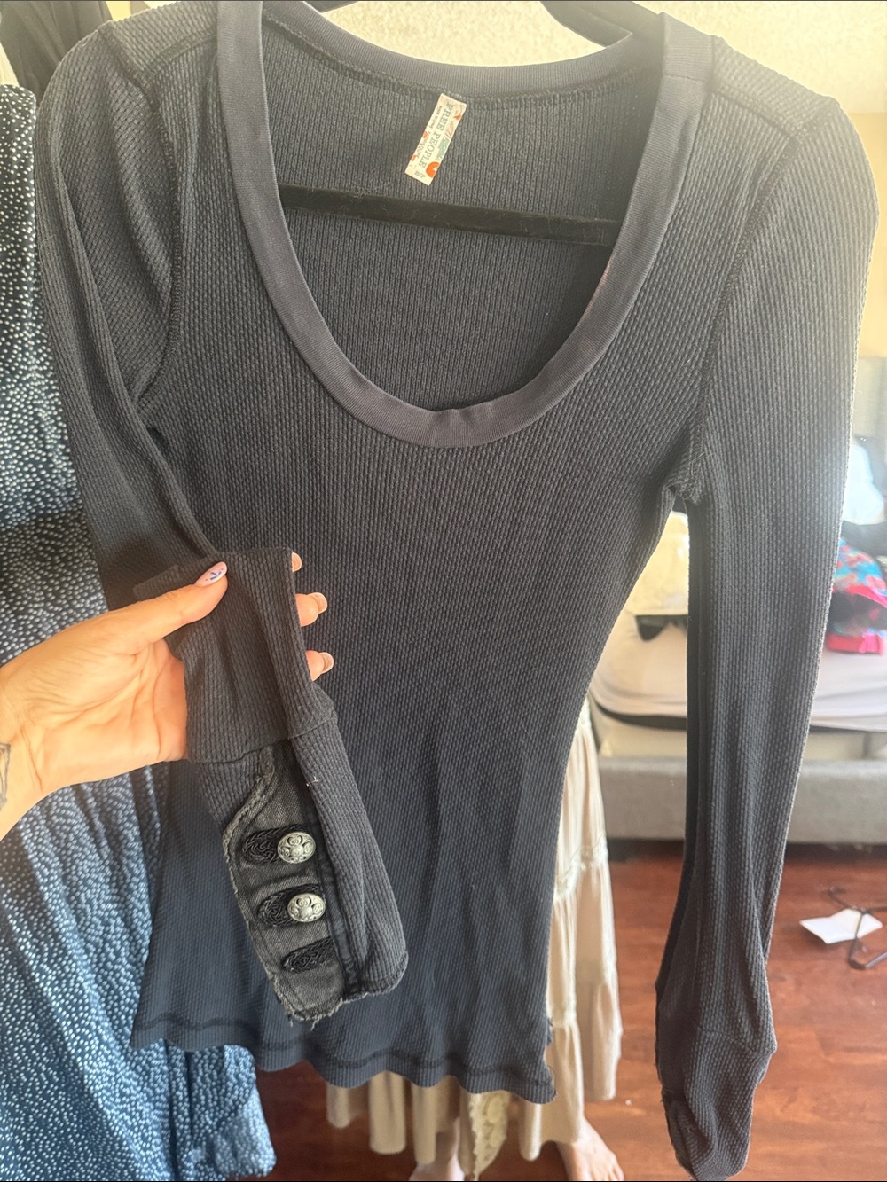 Free People Navy Black Waffle Long Sleeve Scoop Top with Button Cuffs